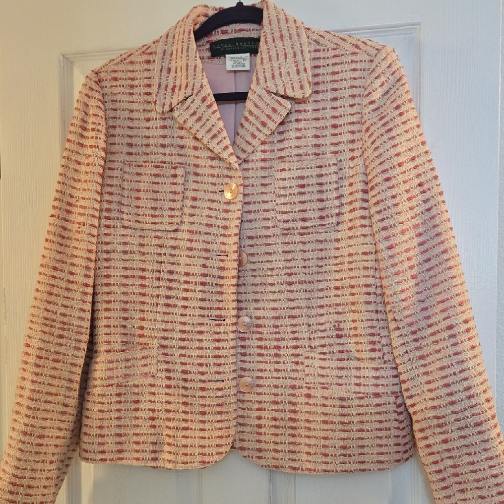 Harve Benard Pink and Cream Tweed Blazer 100% Silk